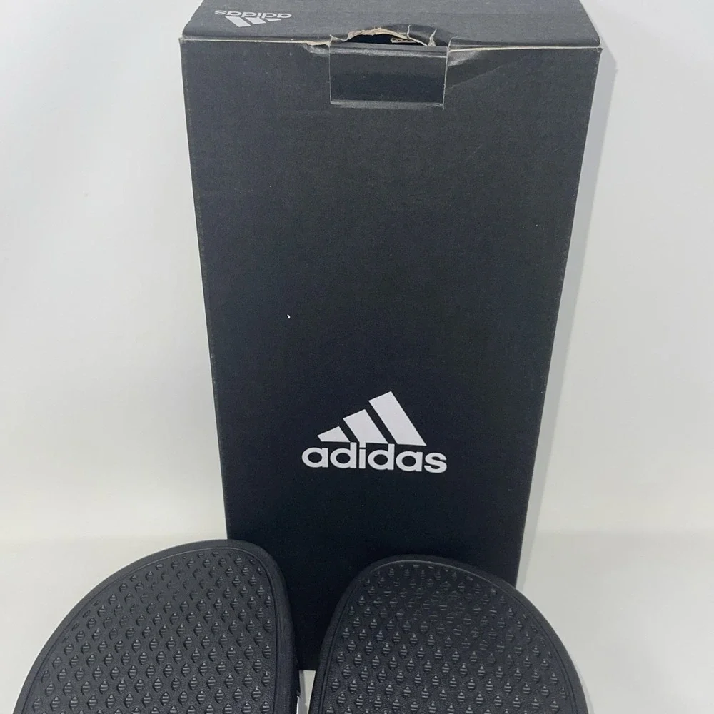 Adidas Men's Size 13 Women 14 Slides Black White 3 Stripes Adilette Aqua Slip On